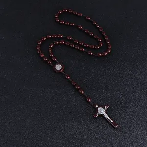Komi Vintage Perles Religieuses Catholique Chapelet En Bois Collier Unisexe Long Strand Colliers Jésus Croix Pendentif R-024