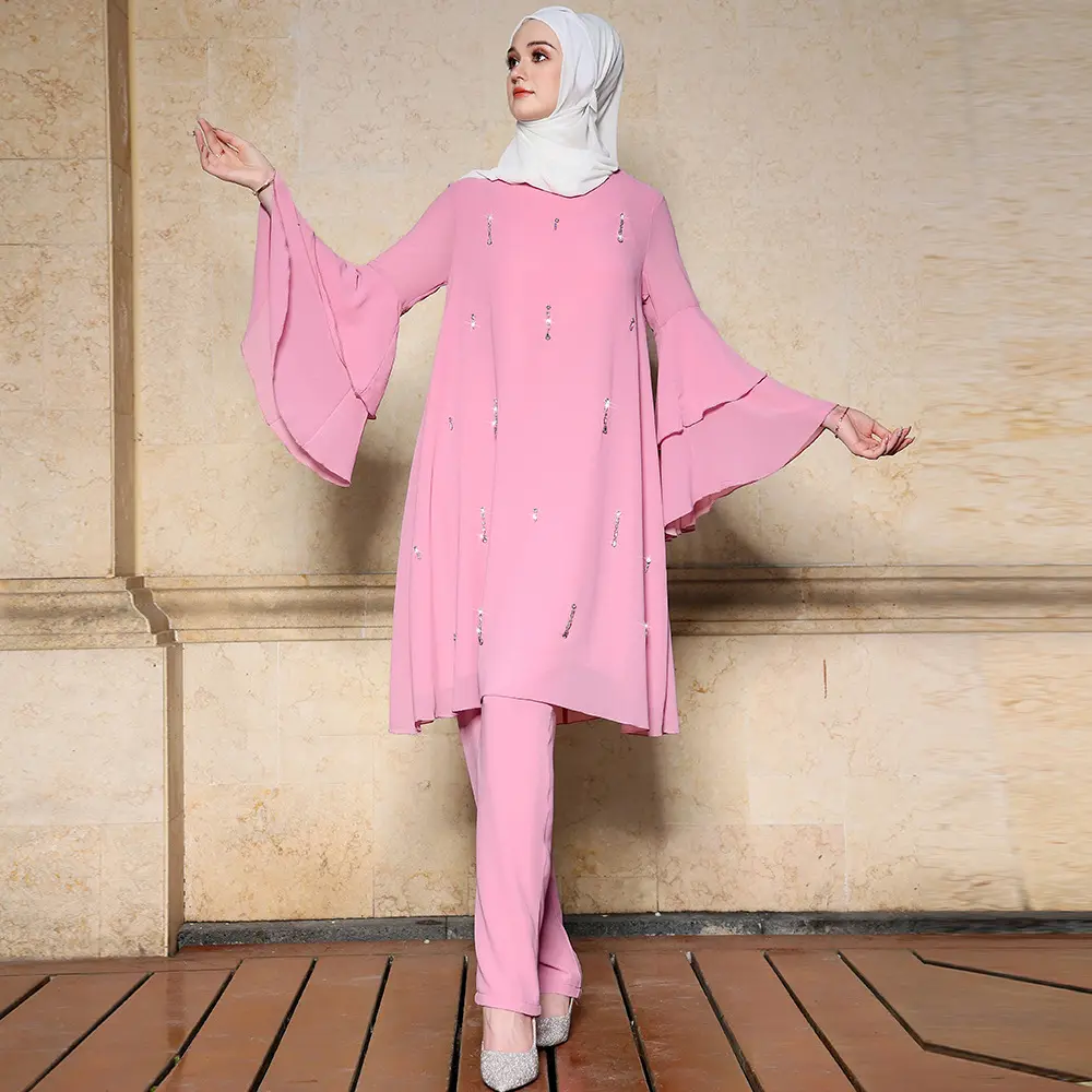 1716 bescheidene sets 2 stück rosa chiffon damen abaya anzüge mit hosen kleid dubai abaya kleid ethnische kleidung