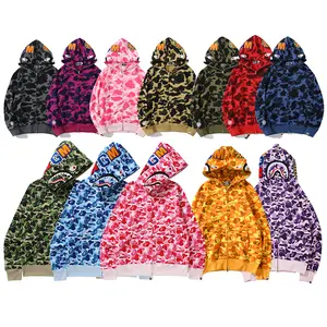 Custom Hoge Kwaliteit 100% Katoen Camo Designer Hoodies Rits Sweatshirts Unisex Puff Print Heren Full Rits Up Shark Hoodie