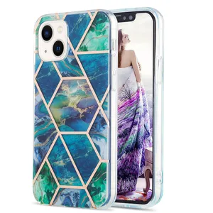 เคสโทรศัพท์ TPU เนื้อบางลายหินอ่อนสีฟ้าครามเขียวทองสำหรับ Iphone 14 Pro Max 12 XR 11 13