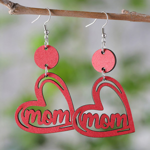 Pendientes de madera Regalo del Día de la madre Flores de mamá Colgante de círculo en forma de corazón Pendientes de doble cara para mujeres Uionen 992 - Product Image 5