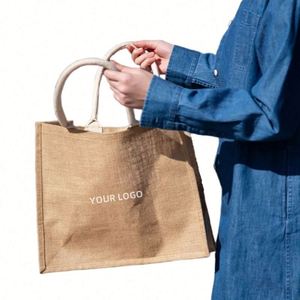 Sacs fourre-tout en jute en gros avec logo personnalisé imprimé, sac de shopping en jute réutilisable, sac de transport naturel en jute - Product Image 6