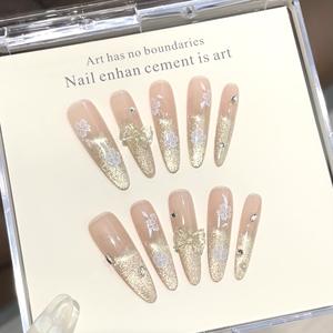 Ongles à presser de qualité supérieure, or pailleté ombré, nœuds translucides 3D et motifs floraux blancs, élégants ongles de mariée style féerique, vente en gros - Product Image 1