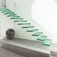 Escalier flottant moderne en bois massif avec marches droites et garde-corps en verre pour villa, maison, hôtel – Escalier de luxe simple