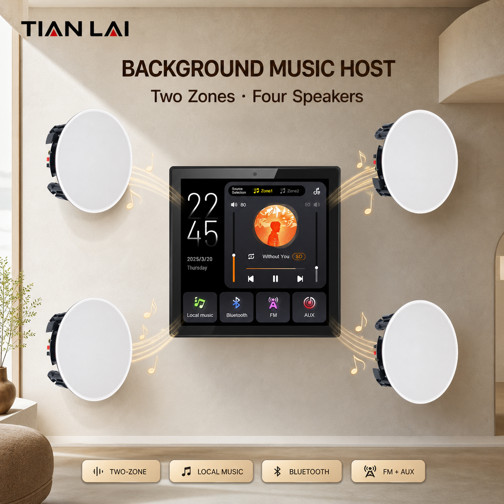 TL 86F 4 Inch Music Controller 2 Zone 4X30W Zone1 Zone2 Speaker Outputs for Hotel Room Use Daily Work Now