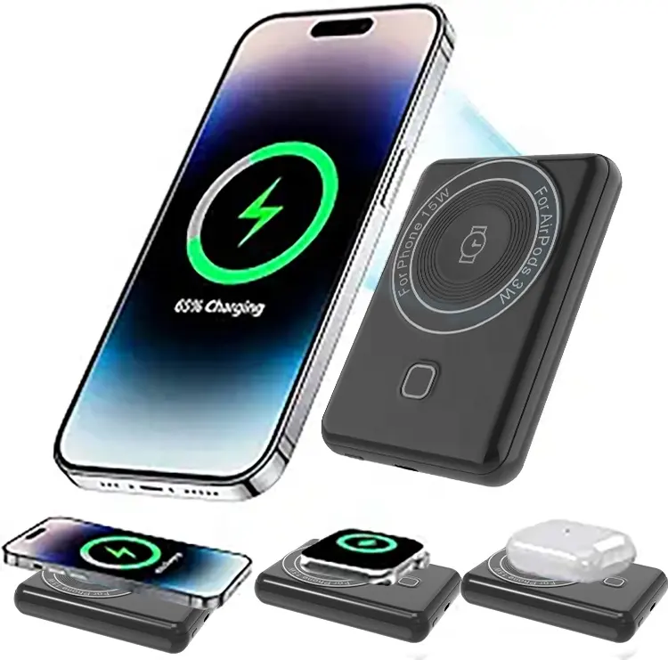 Exmight 2024 Newest Techenology 10000mAh 3 in 1 Magnetic Wireless Power bank For phone For Aripods For iwatch