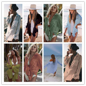 Camicie con bottoni di <span class=keywords><strong>lino</strong></span> di nuovo arrivo a maniche corte copri maglietta causale da <span class=keywords><strong>donna</strong></span> con Bikini - Product Image 2