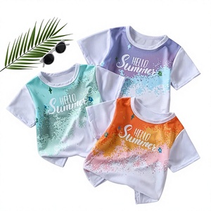 Cute Light Blue Casual Girls Knitted T-Shirt Short Sleeve Crew Neck Floral Letter Print Breathable Quick Dry Summer Party Tee - Product Image 1