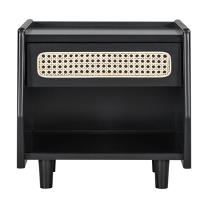 Black Nightstand With Rattan Detail MDF Solid Wood Modern Bedroom <b>Storage</b> <b>Open</b> Shelf Drawer Indoor Furniture - Product Image 5