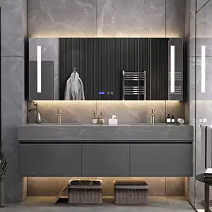 European Style Hot Selling Washroom Floating Slate Countertop Double Basin Bathroom Vanity