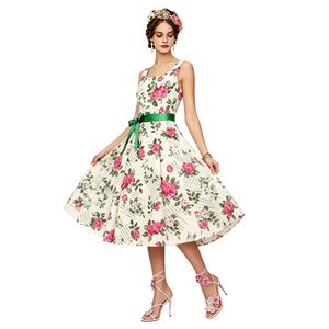 Vestido Estilo Hepburn con Cuello Cuadrado, Cintura Natural, Estampado Floral, Sin Mangas, Falda en Línea A, Largo Medio, Chifón, para Vacaciones - Product Image 4