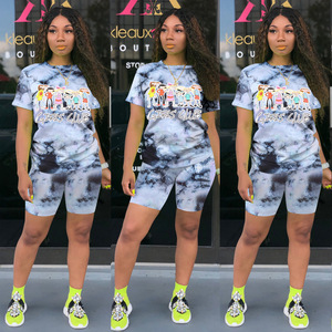Casual Summer Women Cartoon printing Loose Short Sleeve O-neck T-shirt 2 Piece Biker Running Shorts Set - Product Image 4