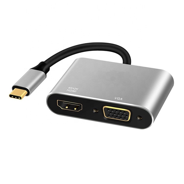 2-in-1 USB-C for 4K VGA Adapter Aluminum Alloy PVC Multiport Converter Laptop Tablet Phone AAB-406 Hub Data Transfer & Charging