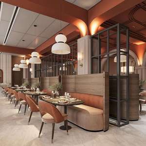 Diseño de Interiores de Restaurantes de Lujo |   Nueva Solución Integral de Mobiliario Clásico para Hostelería: Banqueta de Madera Cálida, Mármol y Latón - Product Image 3