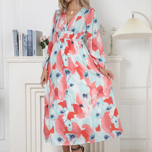 Vestidos Midi Casuales de Manga Larga con Estampado Profundo en V y Cintura Alta para Mujer - Product Image 5