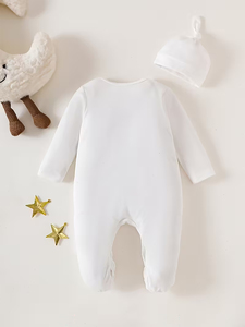 Conjunto de Macacão e Chapéu Unissex para Bebê Branco Puro 2 Peças 100% Poliéster Respirável Ecológico Manga Longa Gola Envelope com Fecho na Virilha - Product Image 3