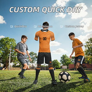 Ensemble de maillot de football unisexe personnalisé, orange uni, respirant, séchage rapide, col en V, cordon de serrage, manches courtes, coupe régulière, toutes saisons - Product Image 2