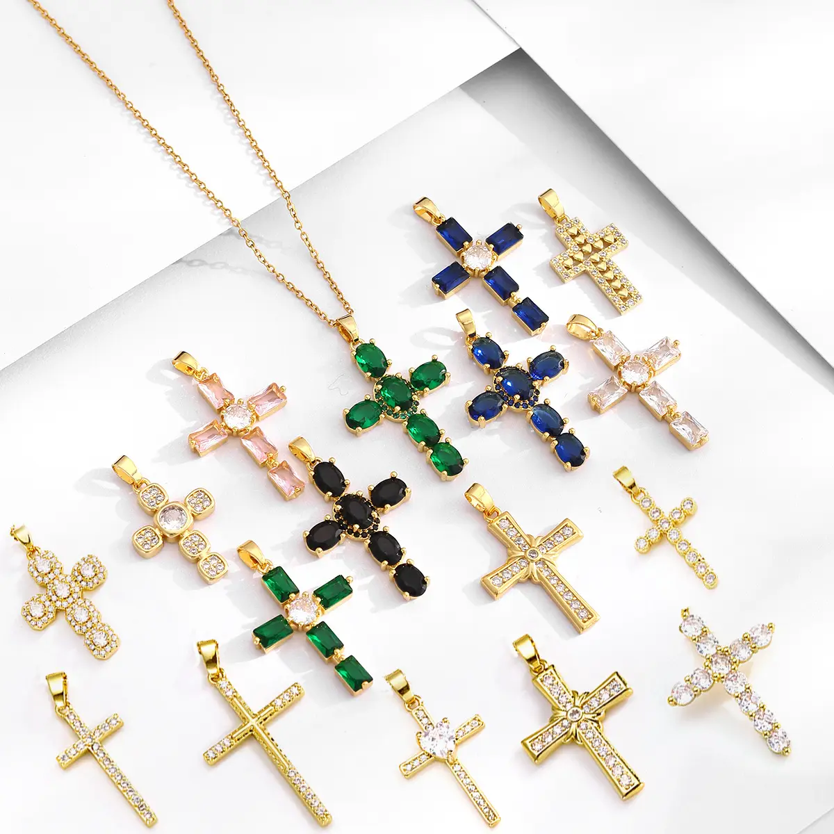 ZD kalung salib 18K/14K perhiasan berlapis emas baja tahan karat Christian Crucifix kubik Zircon kalung salib