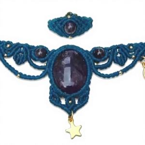 Ensemble collier et bague ajustables en macramé turquoise fait main avec jade, style choker classique, cadeau bijoux HARI OM CREATIONS - Product Image 1