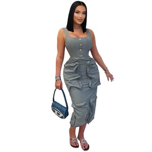 Conjunto Elegante de 2 Piezas para Primavera, Top sin Mangas con Chaleco y Falda Larga con Bolsillos, Poliéster, Uso Diario Informal, Superventas - Product Image 1