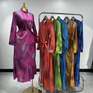 Dernier modèle de robe imprimée <span class=keywords><strong>africaine</strong></span> pour femme, manches longues, en soie, respirante, pour le printemps et l'automne, jupe longue boutonnée pour soirée - Product Image 1