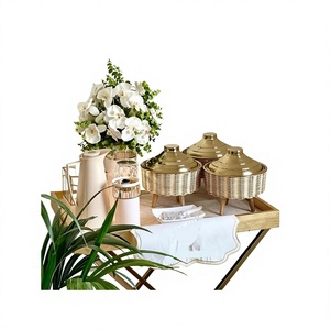 Juego de 3 platos redondos para servir comida, de madera y acero inoxidable, para fiestas y eventos. - Product Image 1