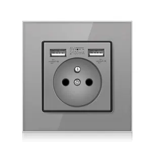 Beste Verkoop 86X86Mm Eu Gehard Glas Socket Met Usb Opladen Muur Gemonteerd Uk Standaard 250V Ac 16a 5V 1a Stekker Koperen Geleider