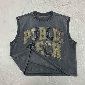 OEM Bulk Order Custom Applique Embroidery Oversized Sleeveless Singlet T-Shirt Street Style High-End Acid <b>Wash</b> Armhole Tank Top - Product Image 1