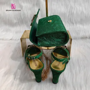 Düğün ayakkabı nijeryalı yeşil orijinal fabrika üretim lüks en kaliteli Glitter yüksek topuk seksi moda ayakkabılar çanta ile