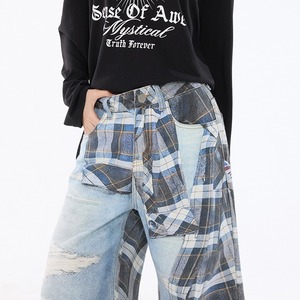 Vaqueros de Pierna Ancha Estilo Americano <span class=keywords><strong>para</strong></span> <span class=keywords><strong>Mujer</strong></span> y Niña, Otoño, Pantalones Rectos Holgados de Cintura Alta con Parches a Cuadros y Bloques de Color - Product Image 2