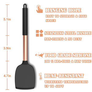Ustensiles de cuisine, outils de cuisine, ensemble d'ustensiles de cuisine en silicone noir avec manche en acier inoxydable rose gold - Product Image 4