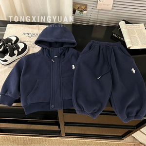 Tongxingyuan Baby Boys Fleece <b>Lined</b> Hoodie <b>Pants</b> Set Thick Windproof Autumn Winter Sweatpants Outfit - Product Image 1