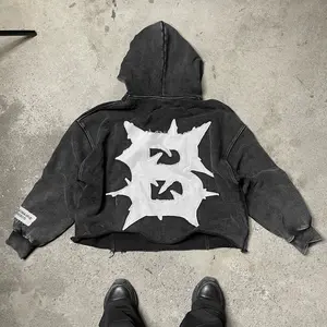 Atacado homens cortados grosso personalizado hoodie fabricante alta qualidade luxo gráfico bordado top colheita ácido wash corte hoodies