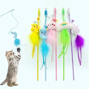 Colorful Smooth Feather Skin Friendly Plush Elastic Rope Cat Teaser Stick With Crisp Bells