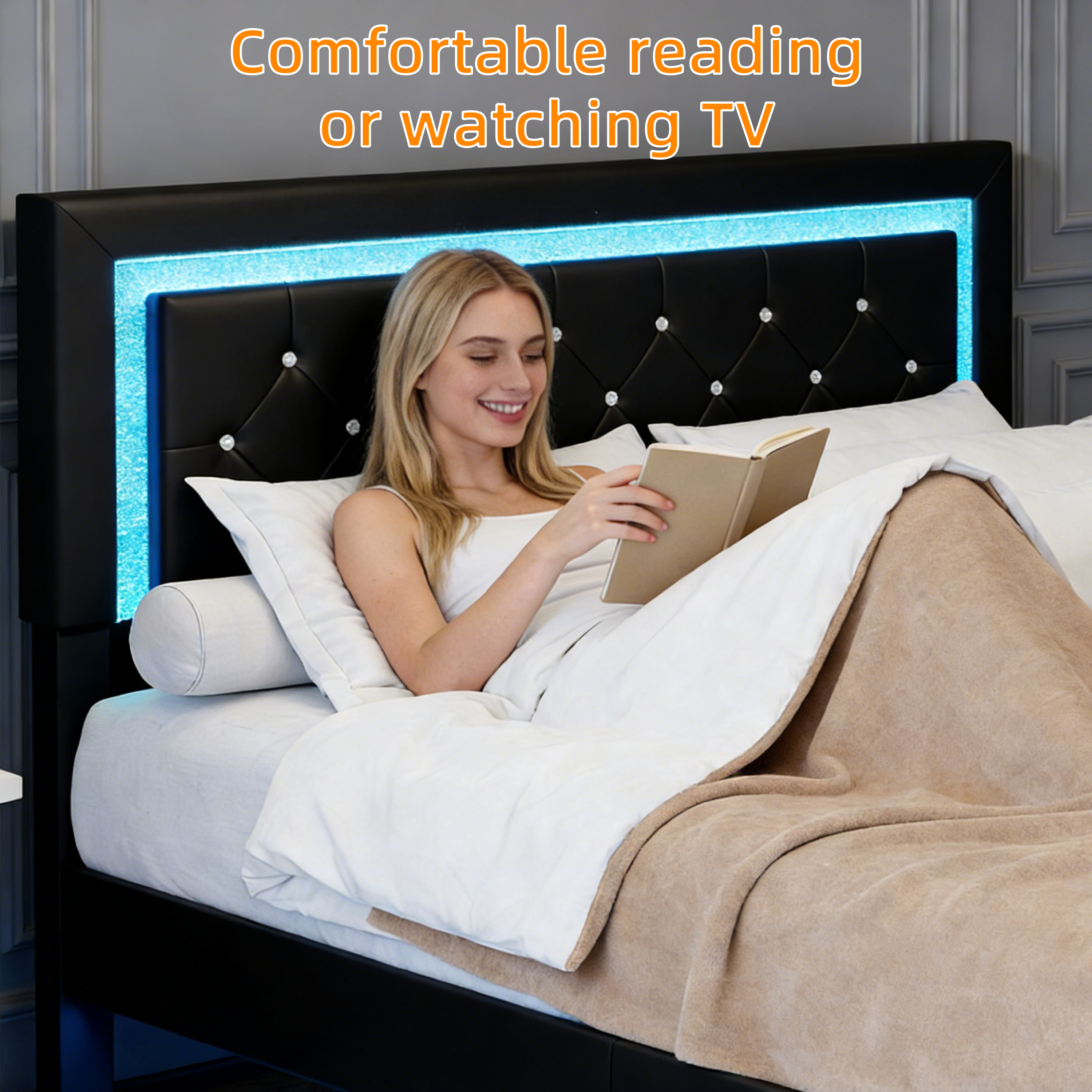 Modern Queen Size Floating Bed Frame with LED Lights – Adjustable Upholstered Platform Bed with Headboard for Contemporary Bedrooms - View 3