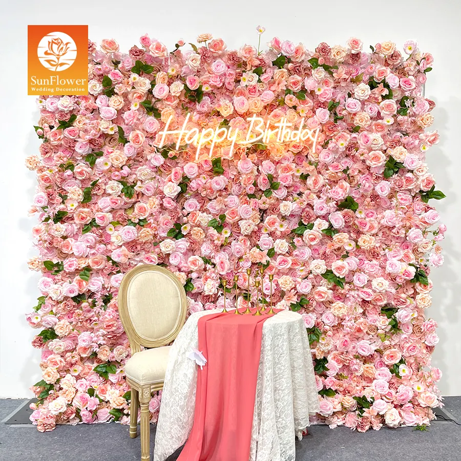サンウェディングカスタム造花壁ピンクロールアップ布花壁結婚式の装飾パネルの背景