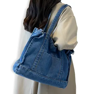 Custom Logo Eco Recycled Fashion Women Shoulder Fabric Denim Tote Bag