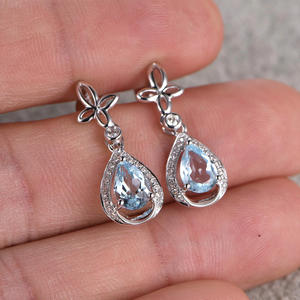 Boucles d'oreilles pendantes en argent E473, motif fleur, serties de cristaux bleus, bijoux de mariage classiques pour femmes, argent 925 - Product Image 4