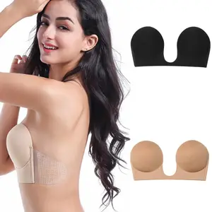 Black Nude Color One Piece Deep U Style Waterproof Push Up Cups Invisible Bra for Big Breast