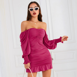 D & M Double Crazy Women Sexy Casual Dress Off spalla Ruffle Hem manica lunga Wrap Bodycon Dress - Product Image 2