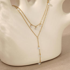 Trendige 2-lagige Y-förmige lange Anhänger-Halskette mit weißen Zirkonia aus Edelstahl, 18K vergoldet, Großhandel, kundenspezifische Anpassung für Damen - Product Image 6