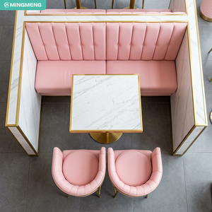 Modern Restaurant Booth <b>Set</b> With Pink PU Leather Seating And Faux Marble Table For Commercial Dining - Product Image 1