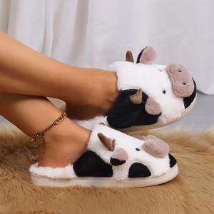 Özel desen kadın inek terlik kış sevimli karikatür Unisex Lady adam kış polar düz peluş kabarık kürk ev terlik kadınlar için - Product Image 3