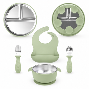 Juego de 5 utensilios de alimentación para niños, plato dividido, babero, tazón, cuchara, tenedor, libre de BPA, silicona duradera, fuerte succión, juego de cena para bebés - Product Image 1