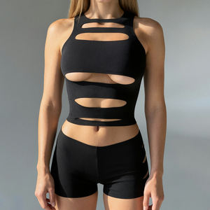 Conjunto de Top Corto Sexy con Aberturas y Shorts de Cintura Alta para Mujer, Negro, Estilo Bodycon, Ropa Deportiva de Dos Piezas, Moda Deportiva a la Moda - Product Image 2