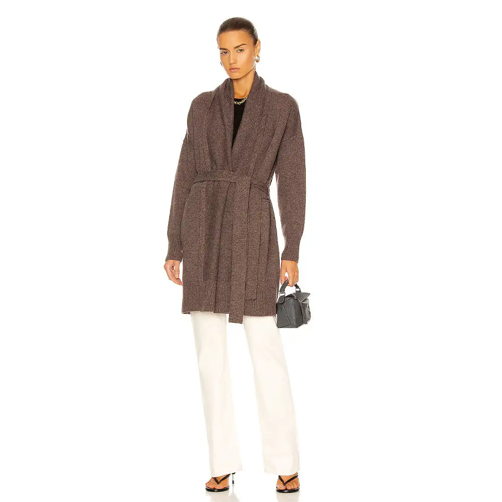 कस्टम डिज़ाइन लोगो लक्जरी महिलाओं के बुना हुआ कार्डिगन स्वेटर बेल्ट महिलाओं के कोट के साथ