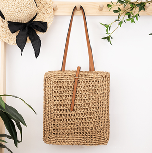 Bolsa de Praia de Palha Vintage de Grande Capacidade para o Verão, Feita à Mão, Crochê, Bolsa de Viagem Quadrada com Cinto - Product Image 3