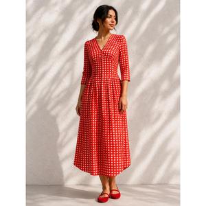 Robe maxi en coton tissé vintage pour femmes |   Robe d'été décontractée à carreaux avec poches |   Vêtement de plage à manches longues et col en V, coupe décontractée - Product Image 1