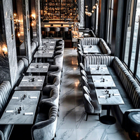 Ensemble de restaurant sur mesure Ron Group, table carrée en marbre, chaise en velours, banquette en forme de L personnalisée, mobilier commercial