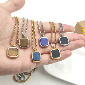 Custom Stainless Steel Gold Plated Jewelry Black Onyx Agate Charm Pendant Natural Stone Single Gemstone Necklace